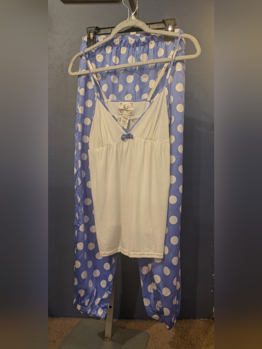 Pj Couture 2 PC Medium White Cooling Camisole with Blue Polka Dot Pajama Pants